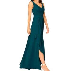 Azazie Kori New Bridesmaid Dress V-neck Chiffon Gown Peakcock Teal Women Size 6